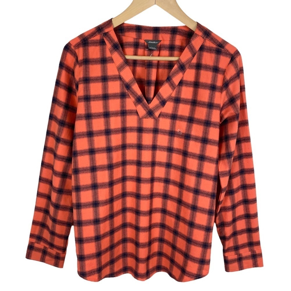 NEW Eddie Bauer Womens Shirt Blouse Size Small Red Plaid Popover Western Coastal